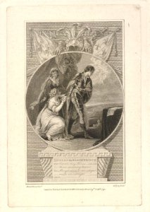Illustration to William Shirley's 'Edward the Black Prince', scene 3, from Bell's 'British Theatre' series; at the door of a tent, a girl kneels in pleading with a knight turning from her to right, another girl standing behind in round frame with elaborate frame; sheet trimmed and pasted within platemark in imitation of an india proof. 1792. British Museum. Museum no. 1875,0710.3387 http://www.britishmuseum.org/research/collection_online/collection_object_details.aspx?objectId=3041464&partId=1&searchText=edward+the+black+prince&page=1 